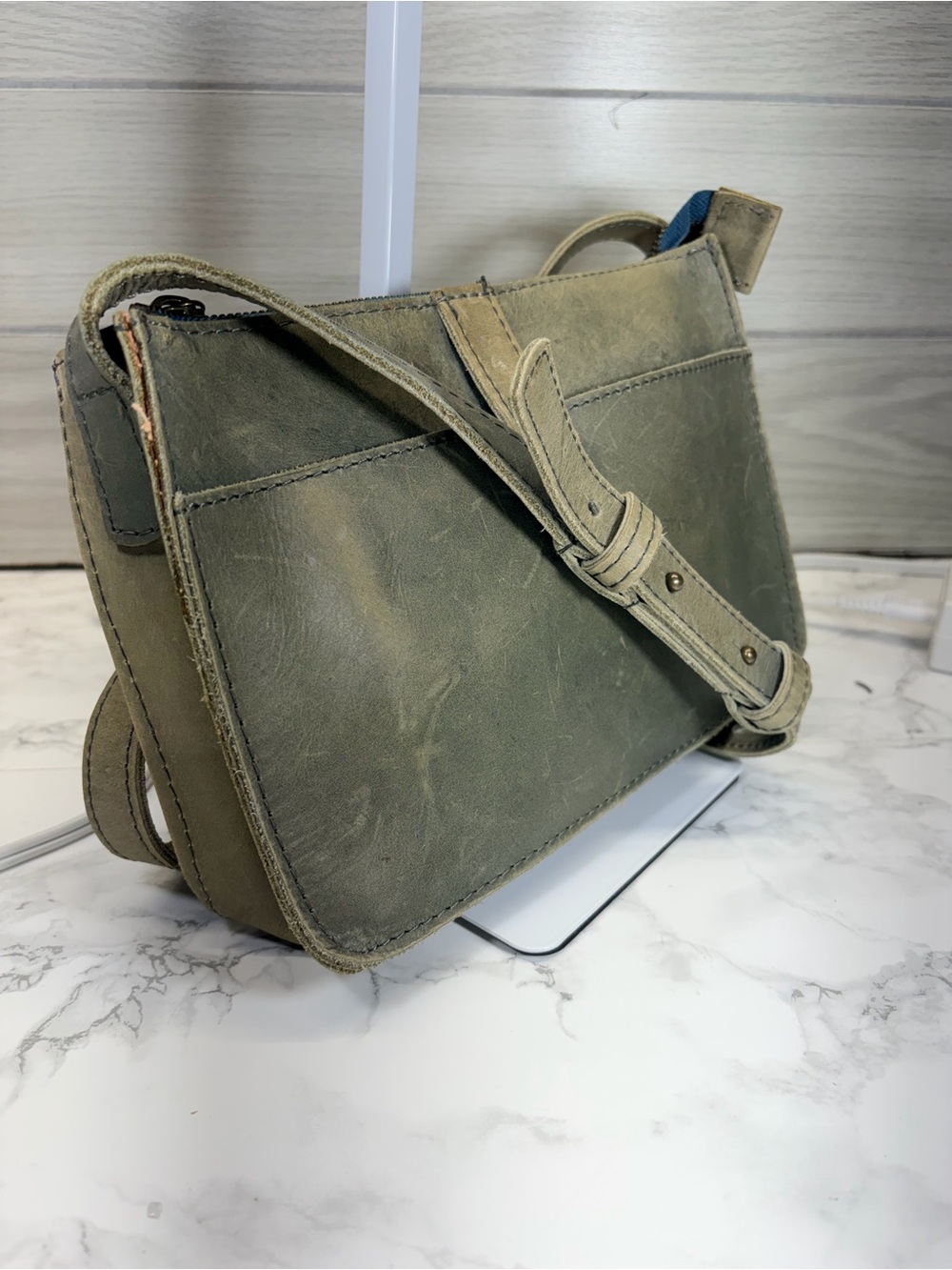 Able Olive Green Leather Messenger Crossbody